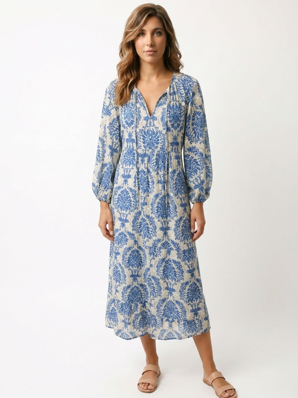 Dokotoo Blue White Damask Boho Midi  Dress Tiered Skirt  Size Medium